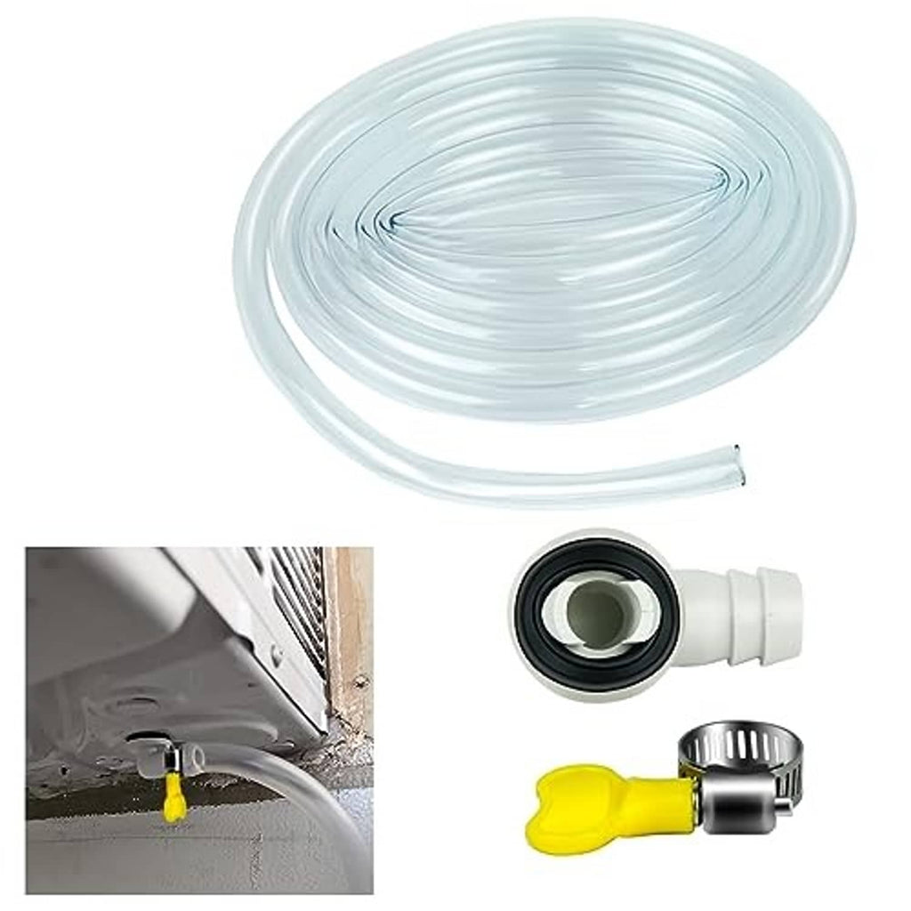 Clear drain hose coil with white coupling, rubber seal ring, and metal fastener
