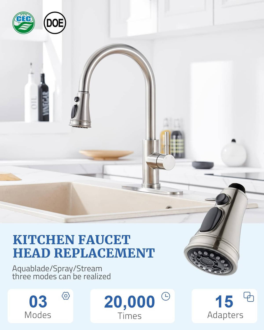 Brushed nickel kitchen faucet sprayer head replacement with black spray dial