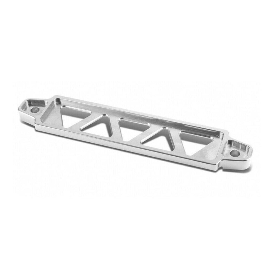 Silver aluminum car battery tie-down bracket with elongated channel and end mounting tabs