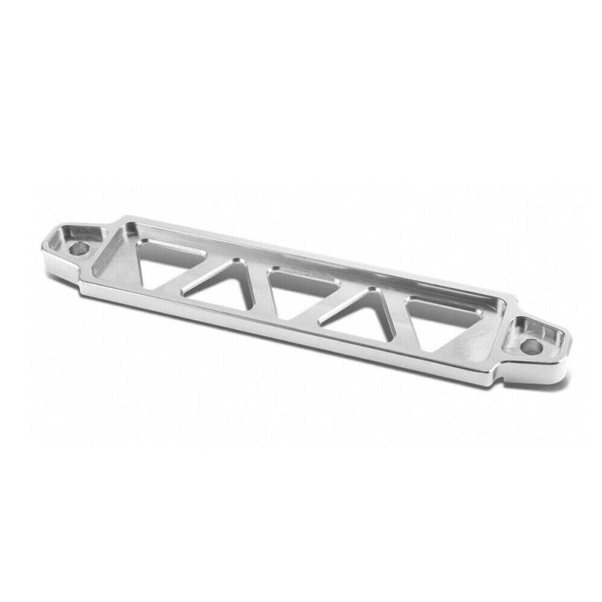 Silver aluminum car battery tie-down bracket with elongated channel and end mounting tabs