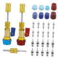 AC R134A valve core quick remover and installer set with brass tool, caps, and valve cores