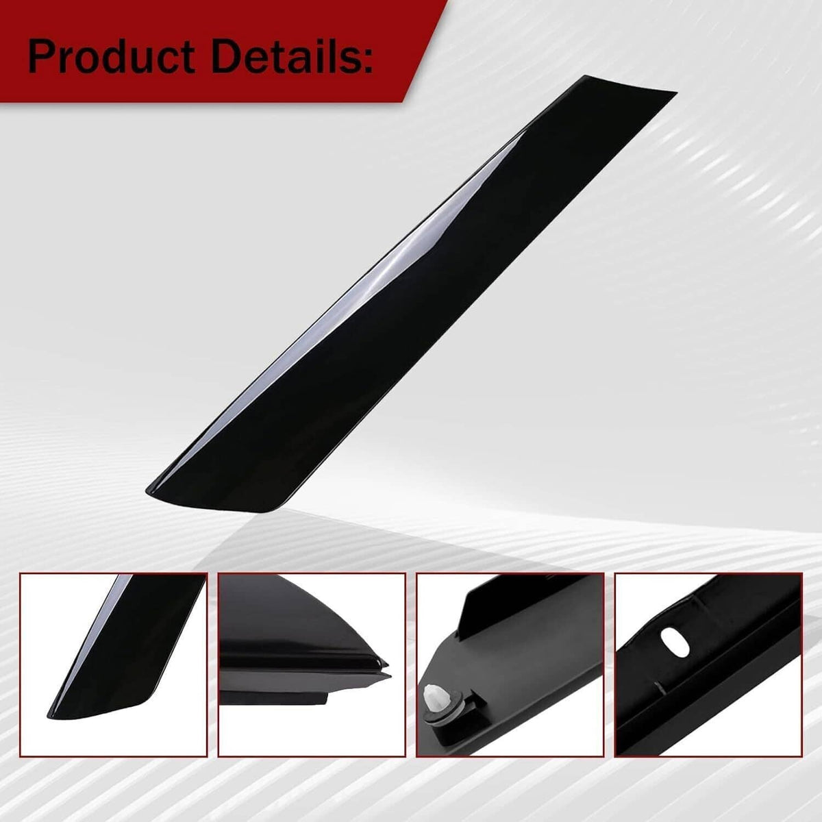 Black A-pillar cover strip with glossy finish, angled shape and edge cutout
