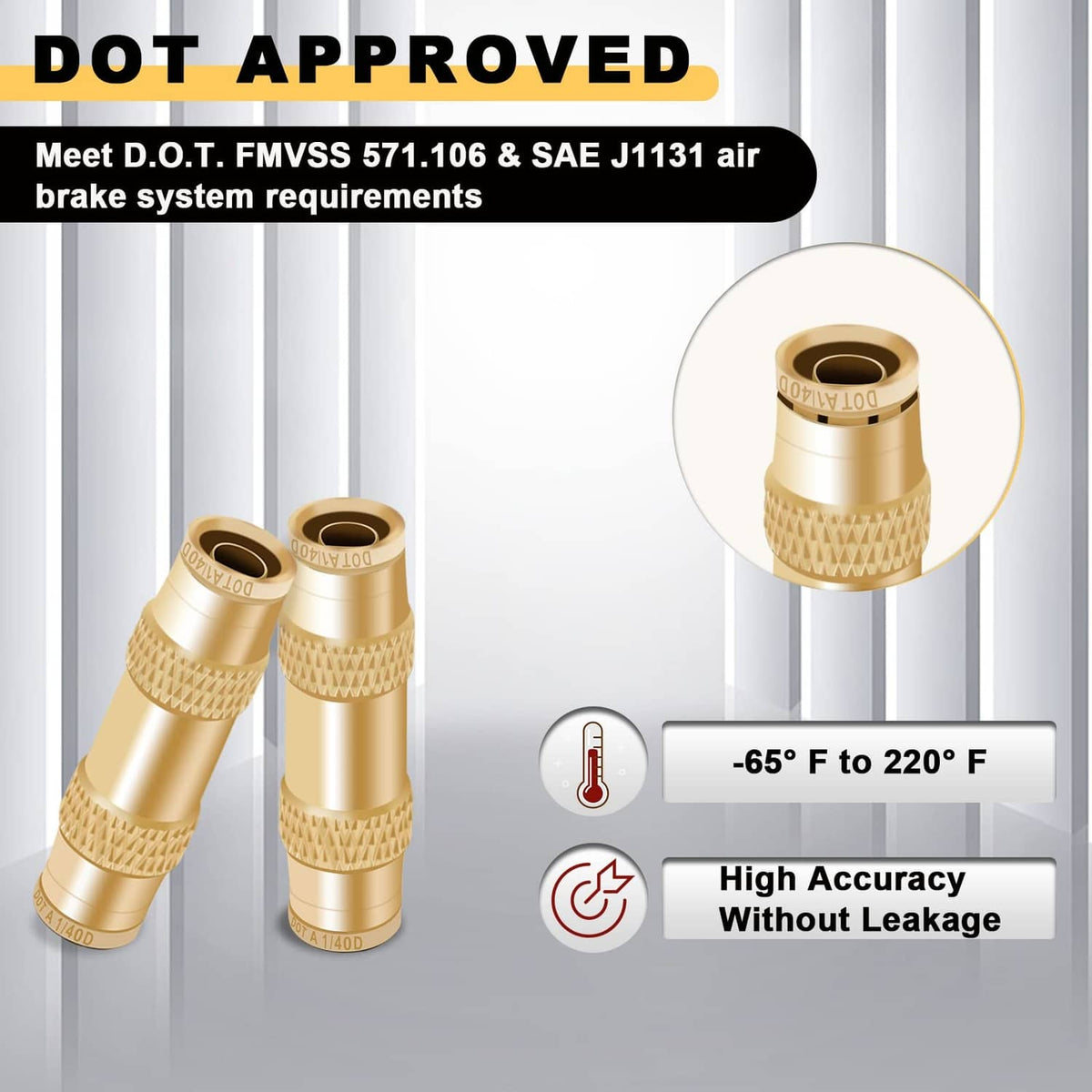 Brass straight quick-connect air brake fitting set with knurled grip ends