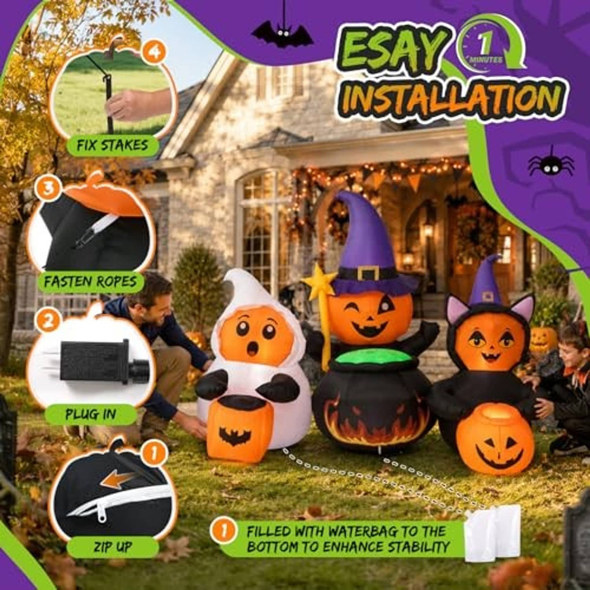 Halloween inflatable setup diagram showing stakes, ropes, plug-in blower, and waterbag base