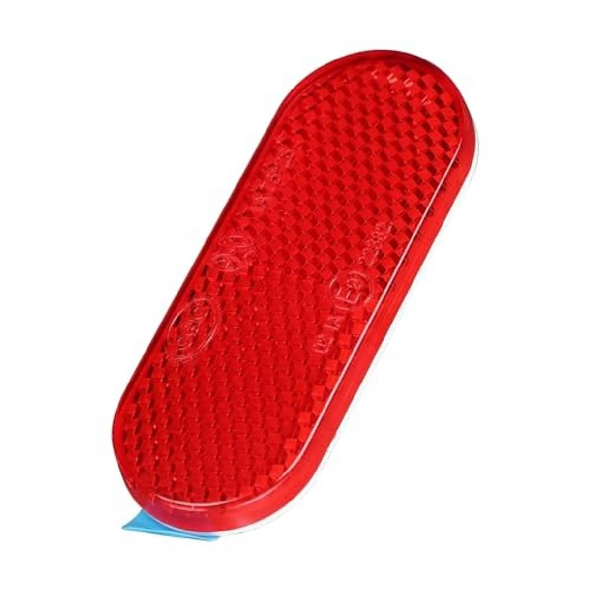 Single red oval reflector sticker with raised reflective texture and blue backing tab