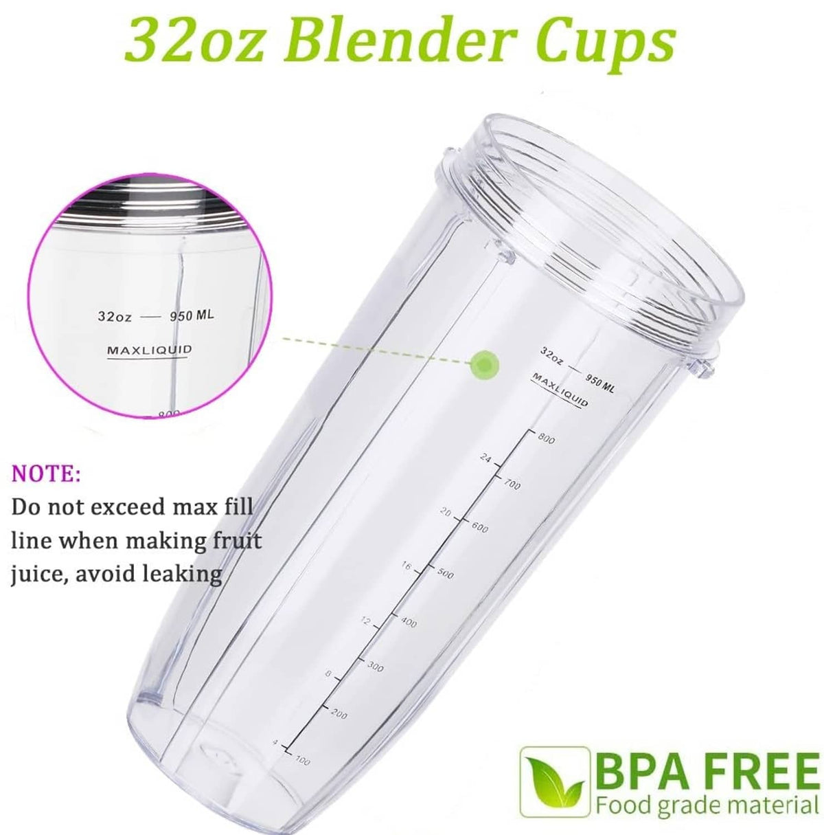 32oz clear blender cup with measurement markings, replacement container no lid