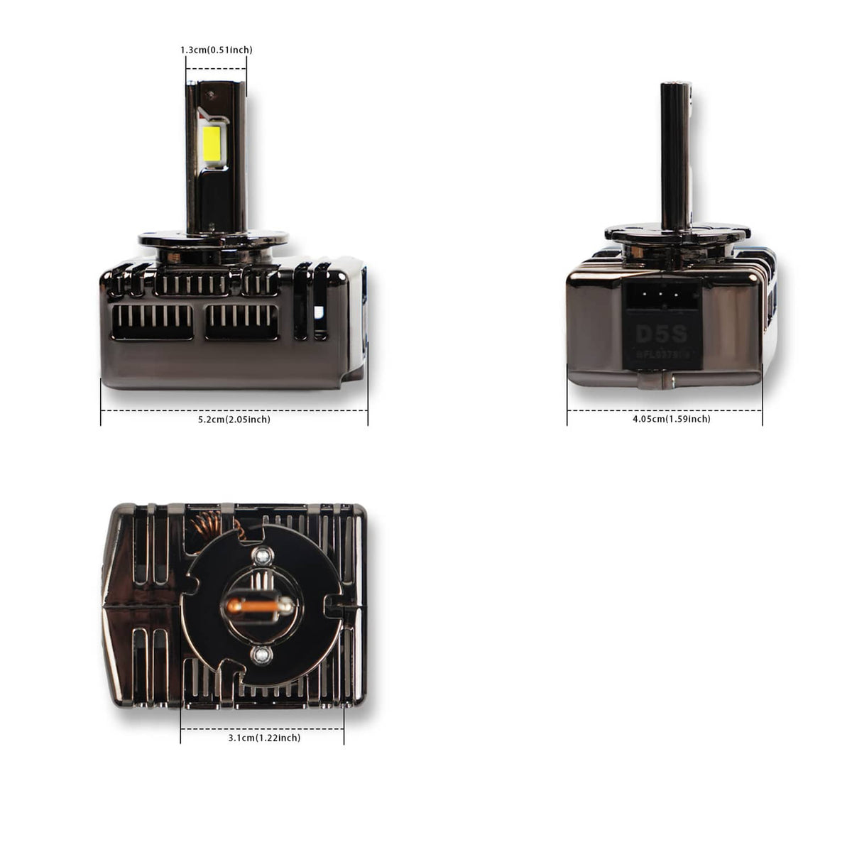 LED headlight bulb with tall silver neck, black heatsink fins, and yellow LED light bar