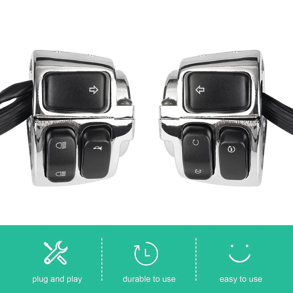 Motorcycle handlebar switch pair with chrome bezels and four black control buttons