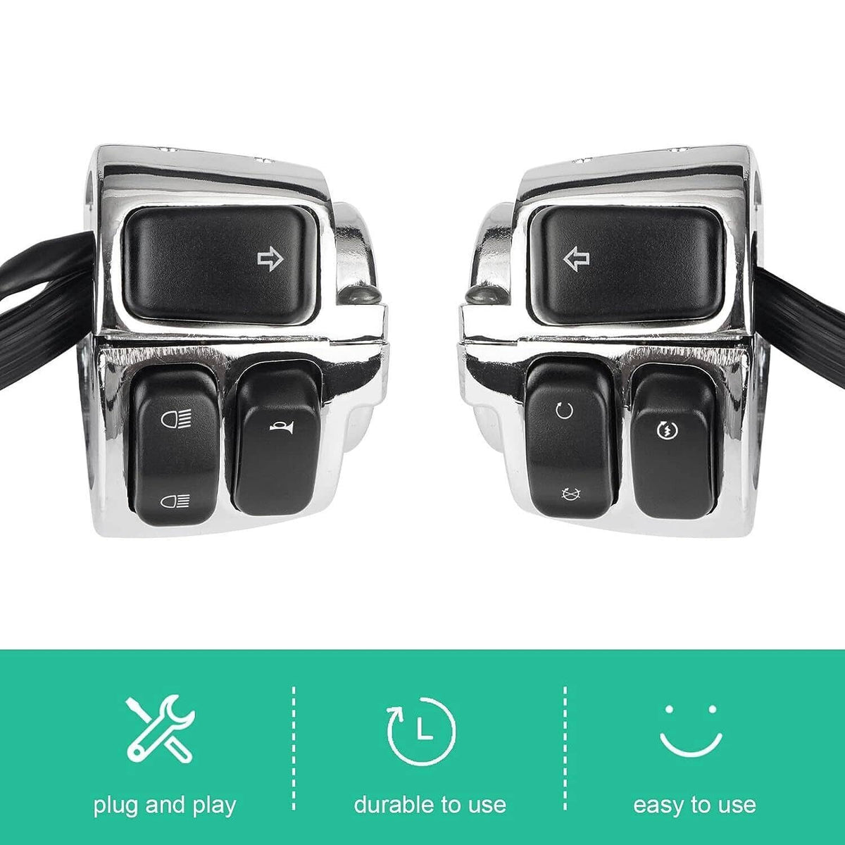 Motorcycle handlebar switch pair with chrome bezels and four black control buttons