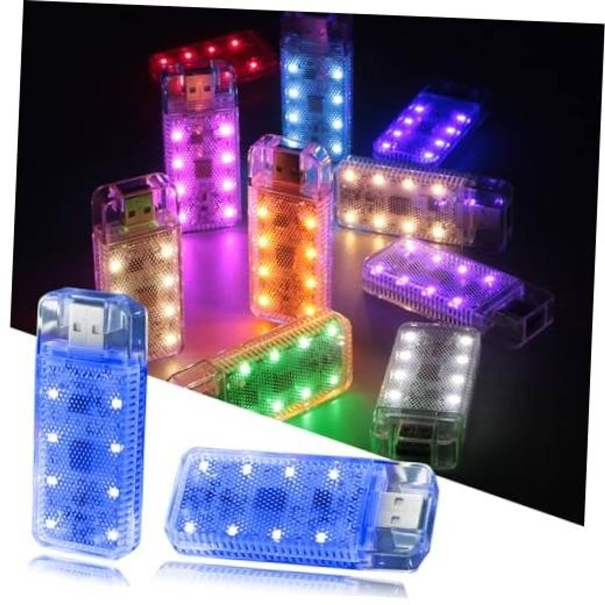 Set of portable magnetic USB LED interior car lights with multiple color light bars