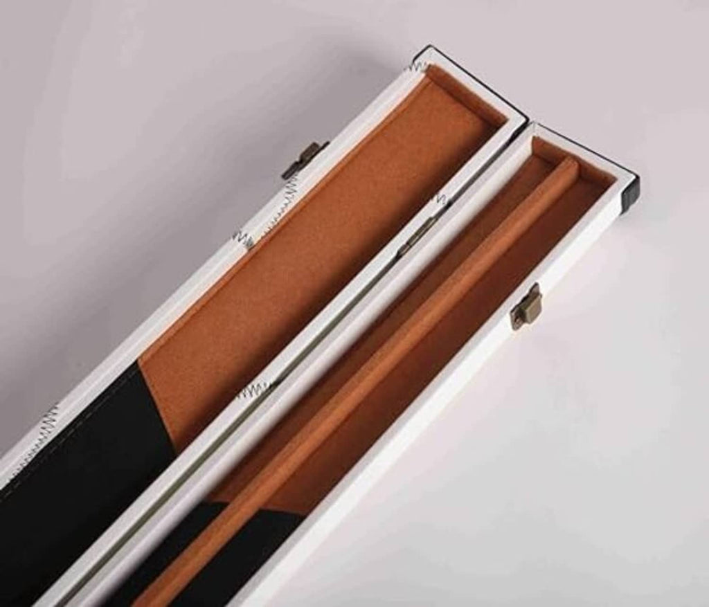 Opened billiard cue hard case showing one cue slots with tan lining and black base