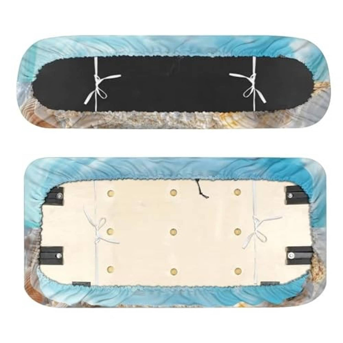 Universal seat cover set with blue starfish and seashell print, elastic trim and anchor seams