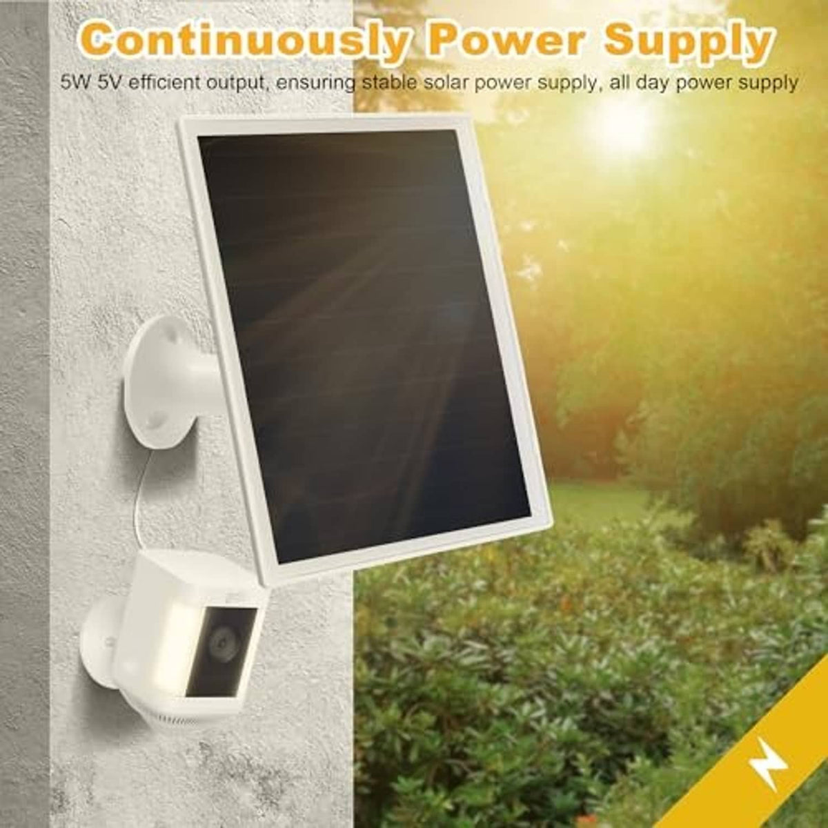 Wall-mounted solar panel charger with white wall bracket and black photovoltaic panel