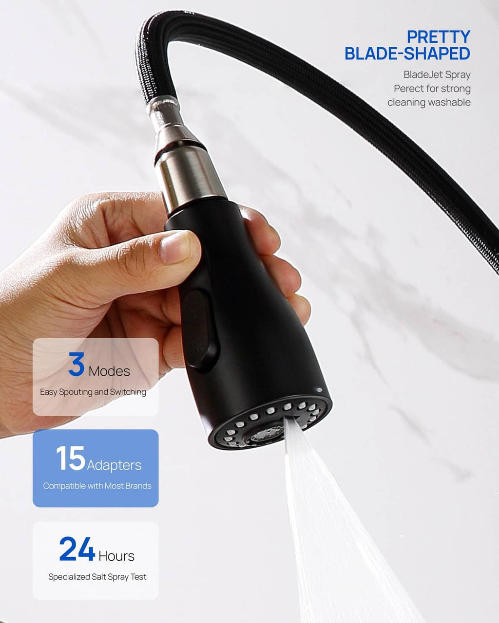 Matte black blade-shaped kitchen faucet sprayer head with water stream