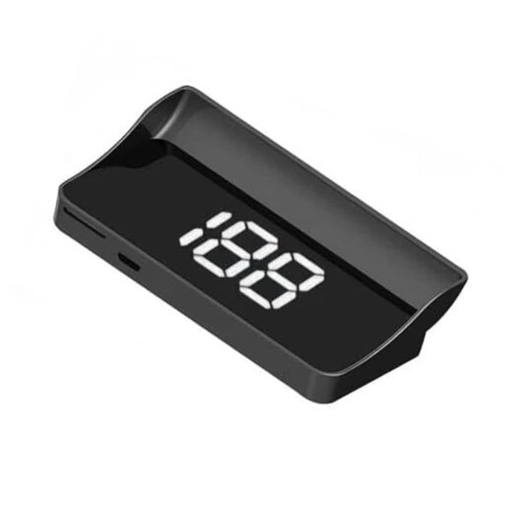 Angled car HUD with white digital speed readout on dark screen, black housing