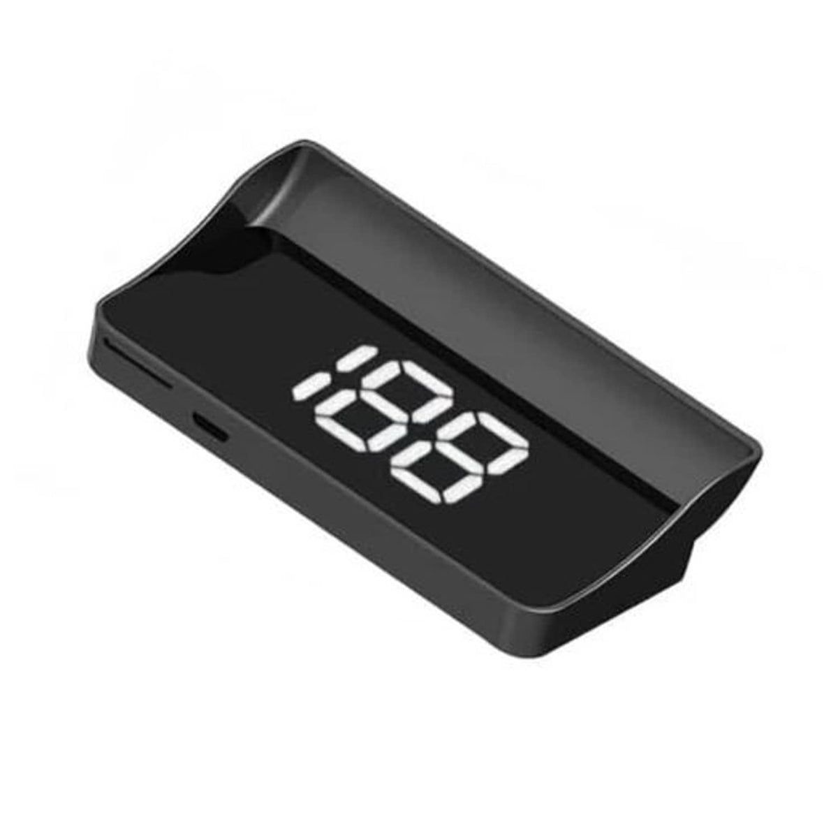 Angled car HUD with white digital speed readout on dark screen, black housing