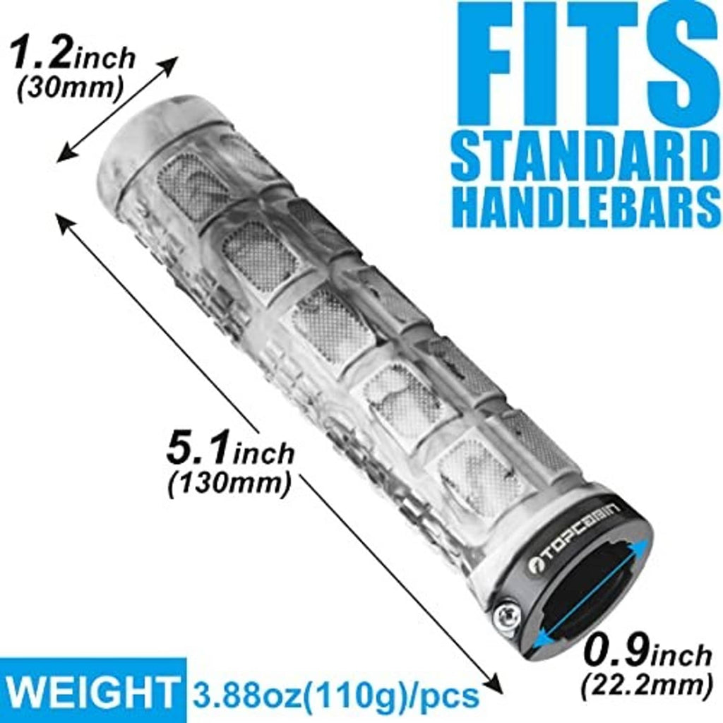 Camouflage bicycle handlebar grip set with textured rubber and end cap, shown with sizing