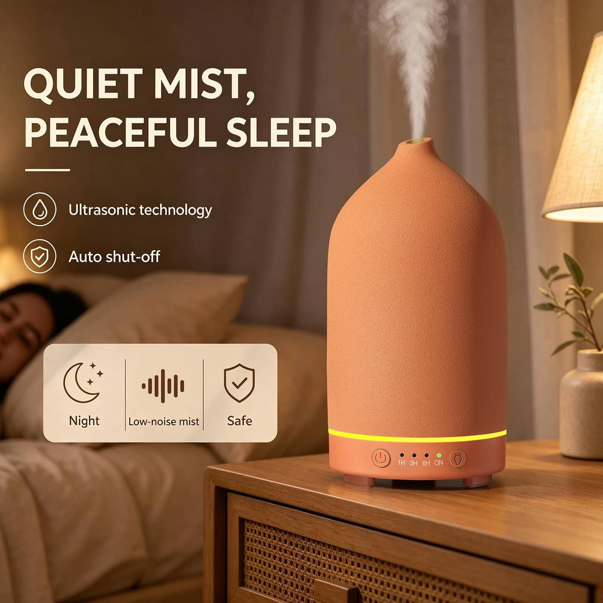 Gooamp ceramic essential oil diffuser, matte stone brown, mist plume from top