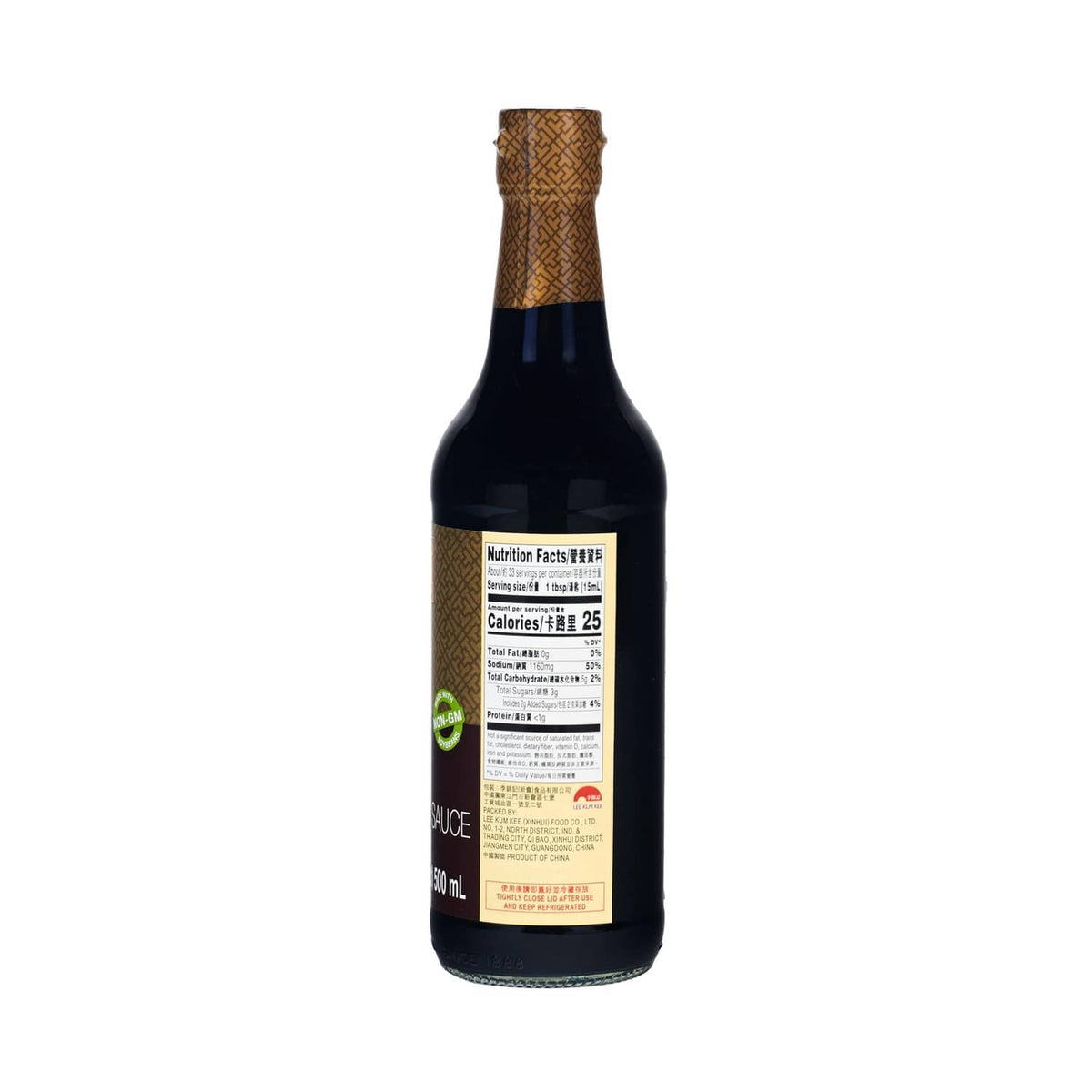 Lee Kum Kee premium dark soy sauce bottle with Nutrition Facts label