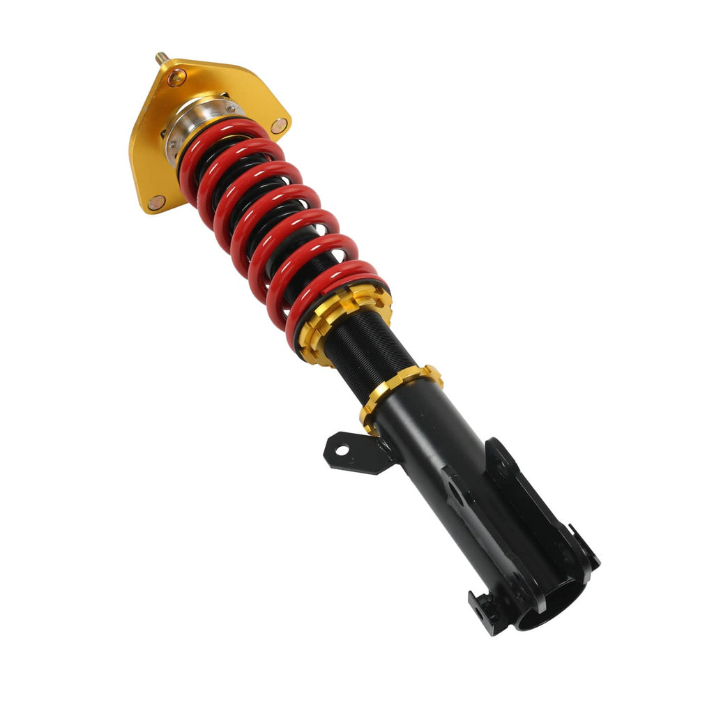 Coilover strut assembly with red coil spring, black shock body, gold top mount and bracket