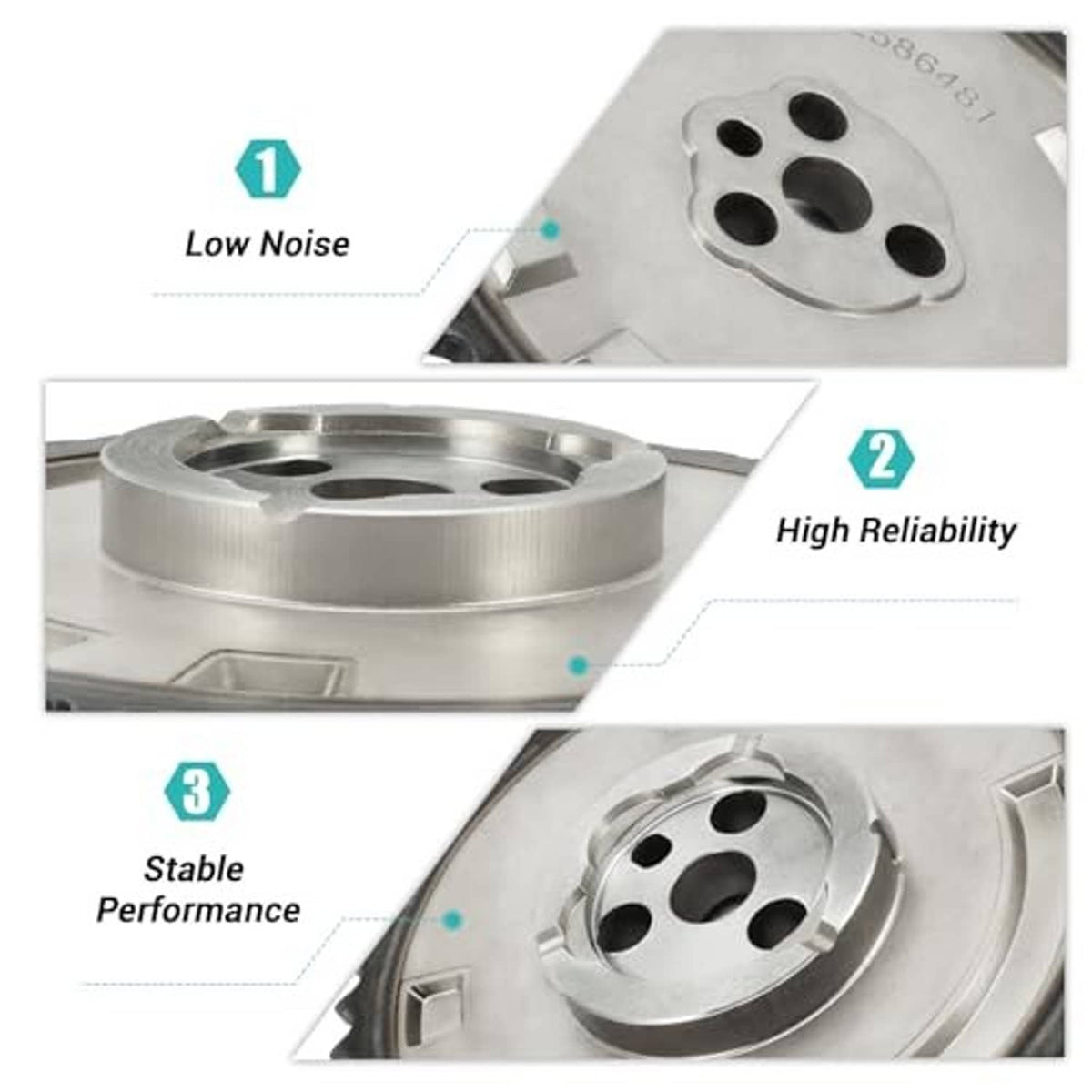 Silver timing sprocket gear with three-bolt center and machined mounting slots