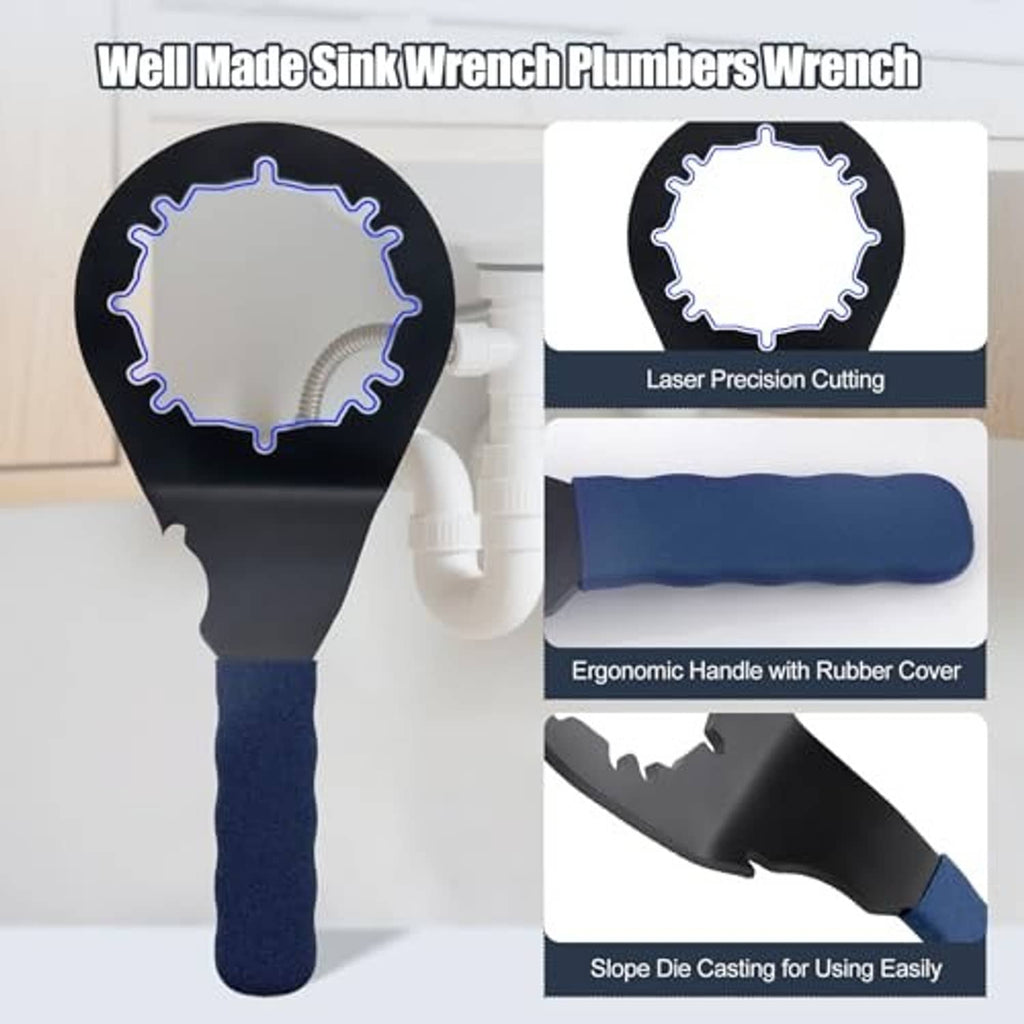 Universal sink drain wrench with blue ergonomic handle and black toothed head for plumbing