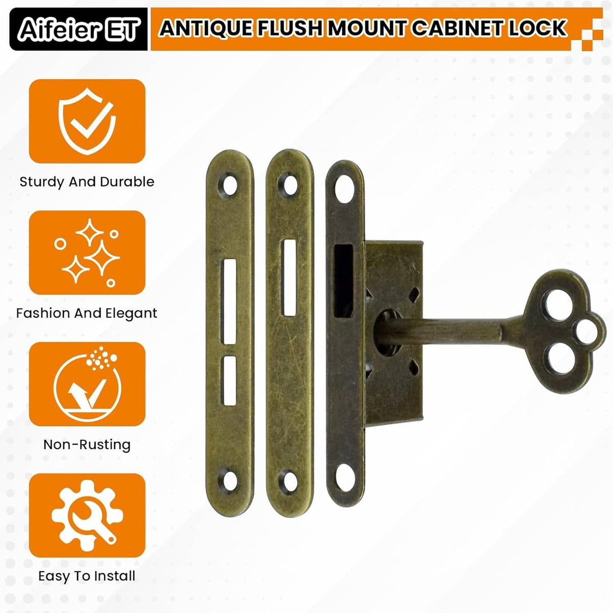 Bronze antique flush-mount cabinet lock with long faceplates and matching skeleton key
