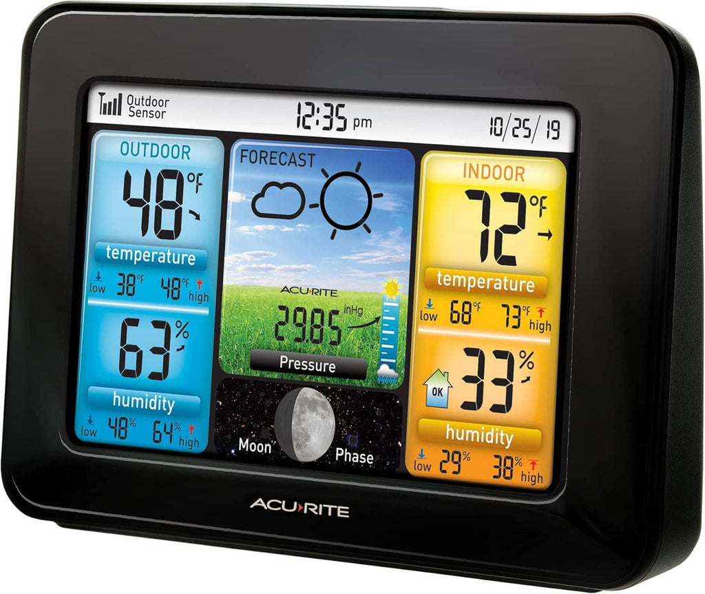 Wireless home weather station angled front with color display for indoor and outdoor temperature