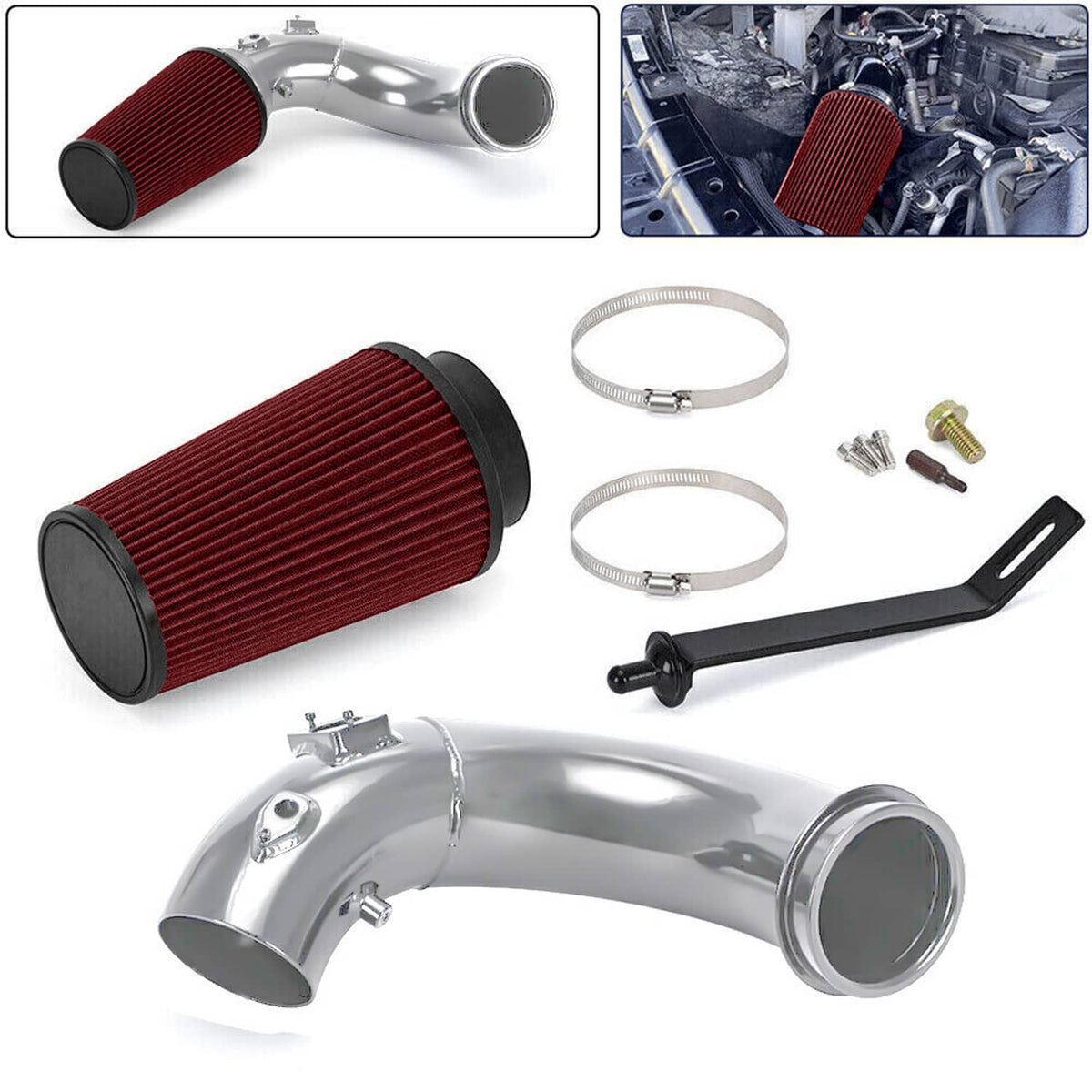 Cold air intake kit showing red pleated filter, chrome pipe, clamp rings, and mounting bracket.