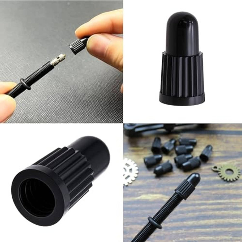 Black Presta valve caps with textured grip and close-up of screw threads