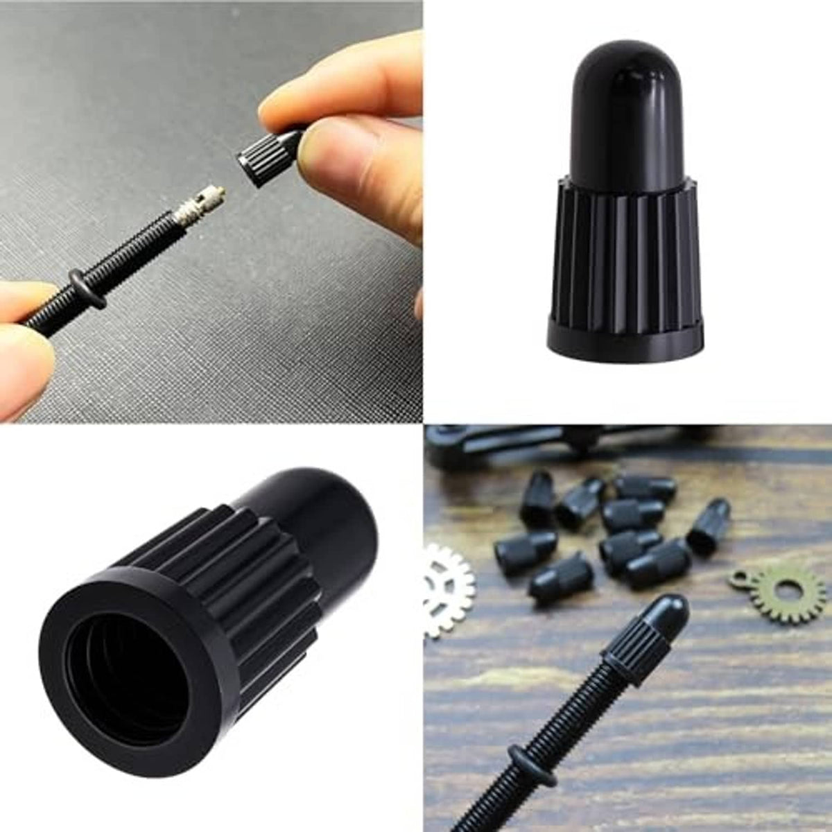 Black Presta valve caps with textured grip and close-up of screw threads