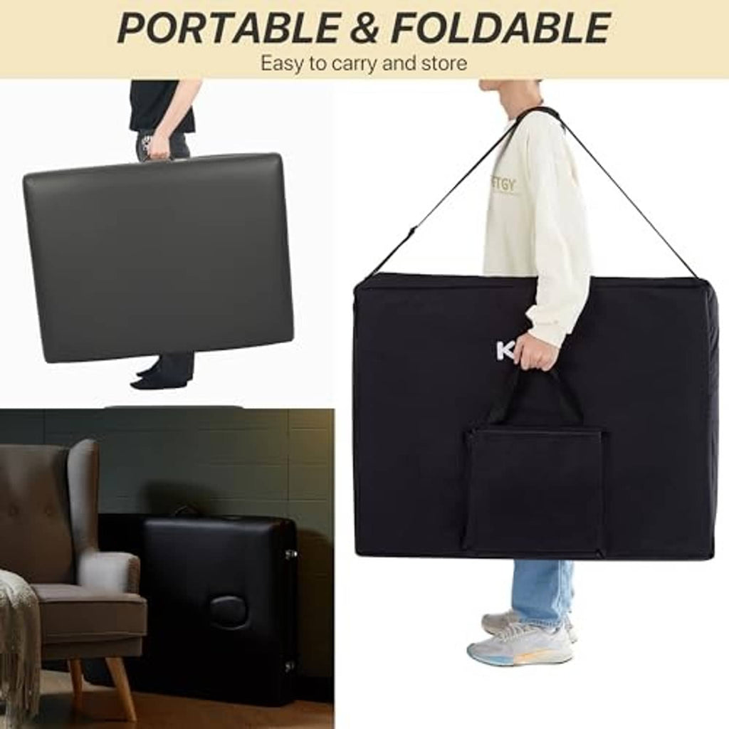 Portable foldable massage table stored in black KCC carrying bag for easy transport