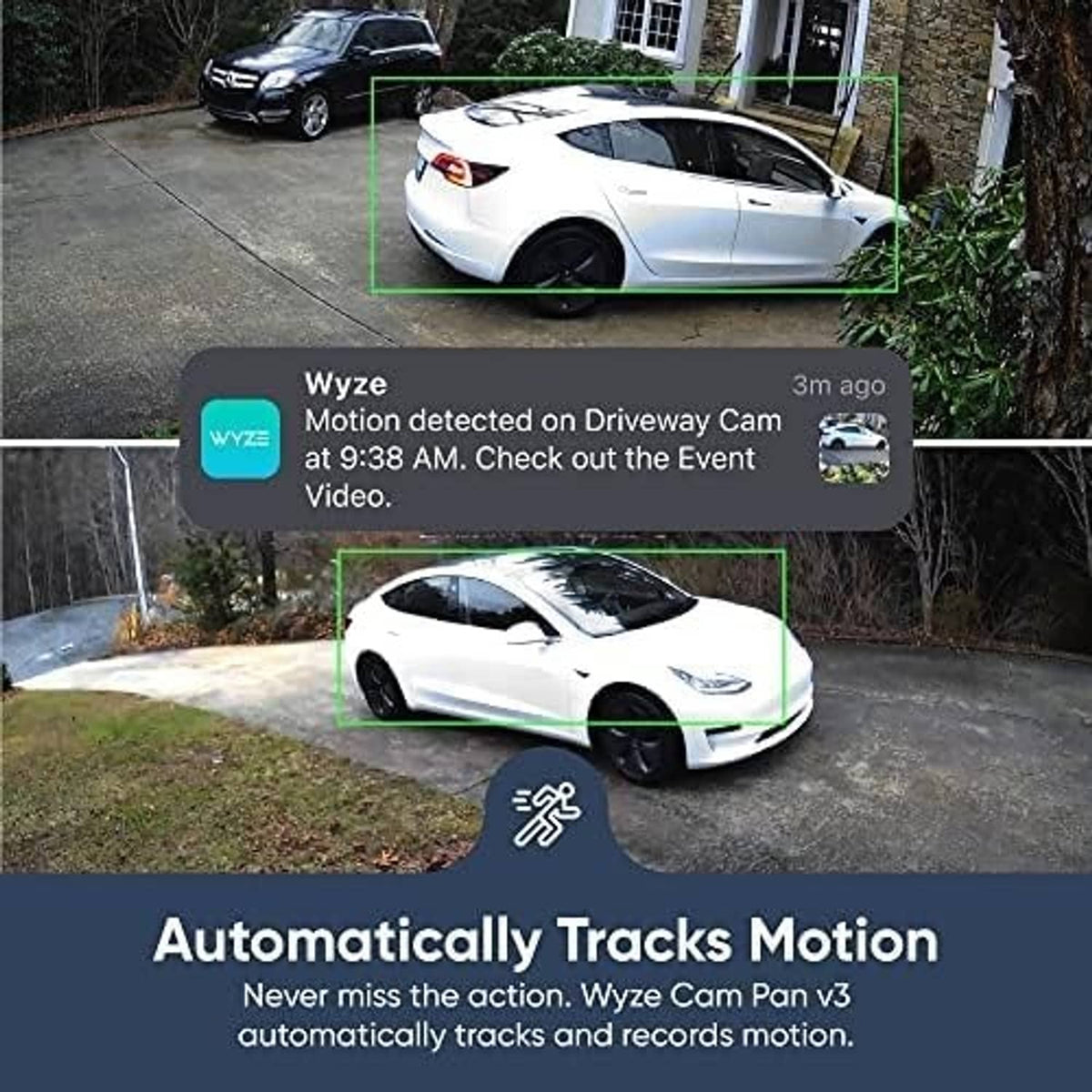 Wyze Cam Pan V3 white outdoor security camera with green motion tracking overlay
