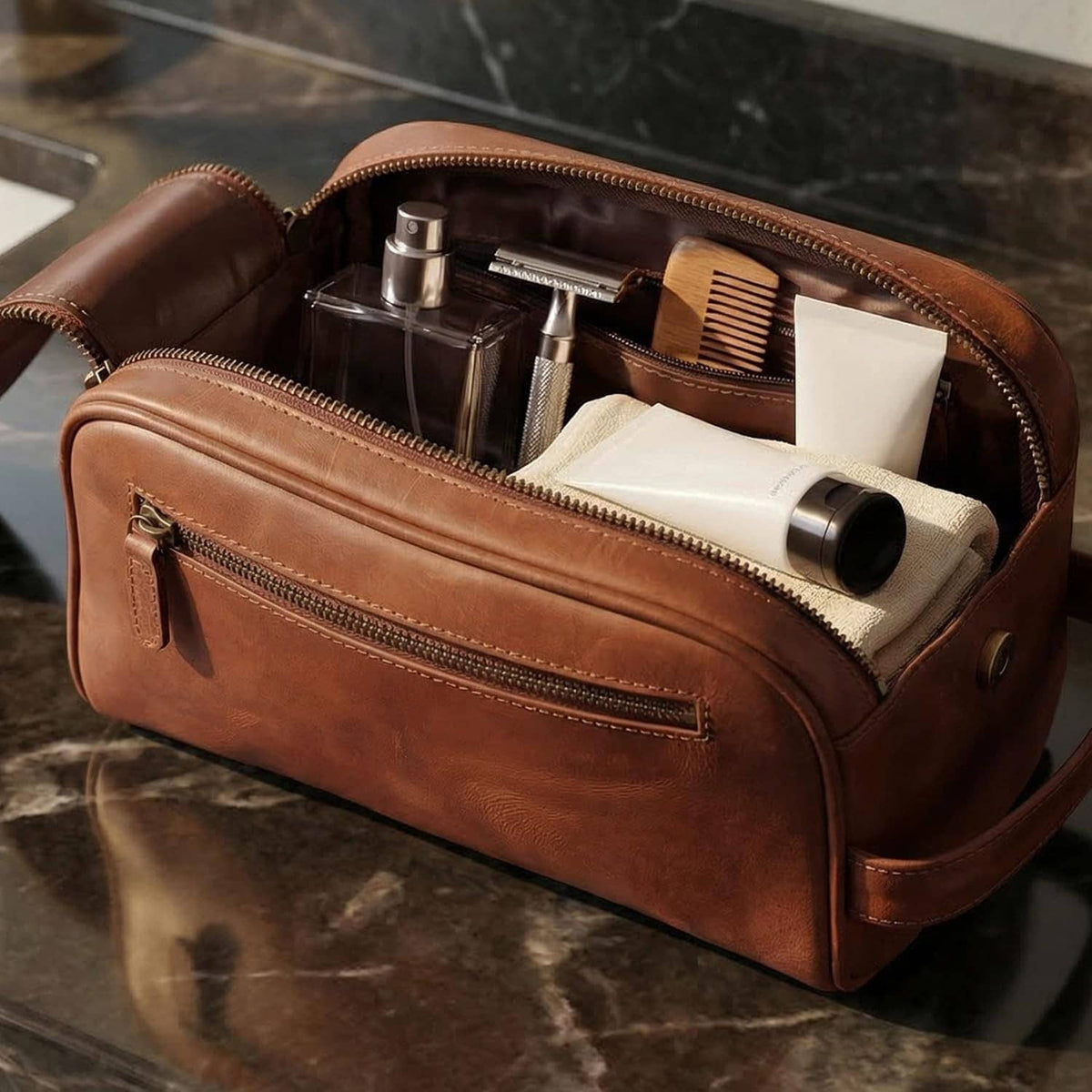Open brown leather toiletry bag with grooming bottles and tubes in inner compartments