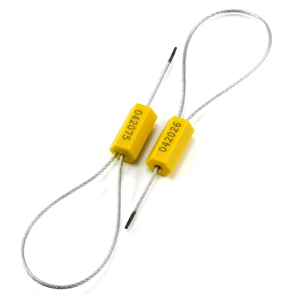 Yellow security cable seal tags with steel wire loop and numbered marking