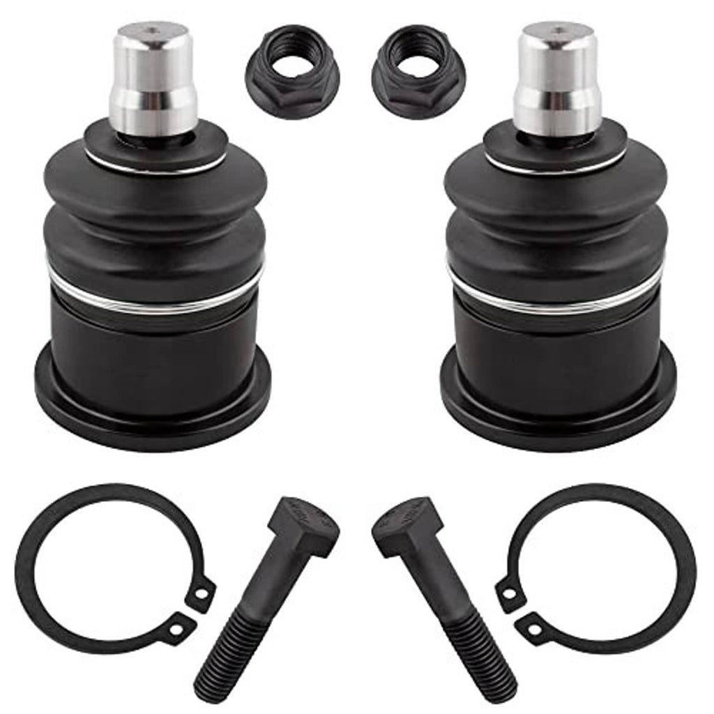 Front upper ball joint pair with black boots, silver studs, includes nuts, bolts, and rings