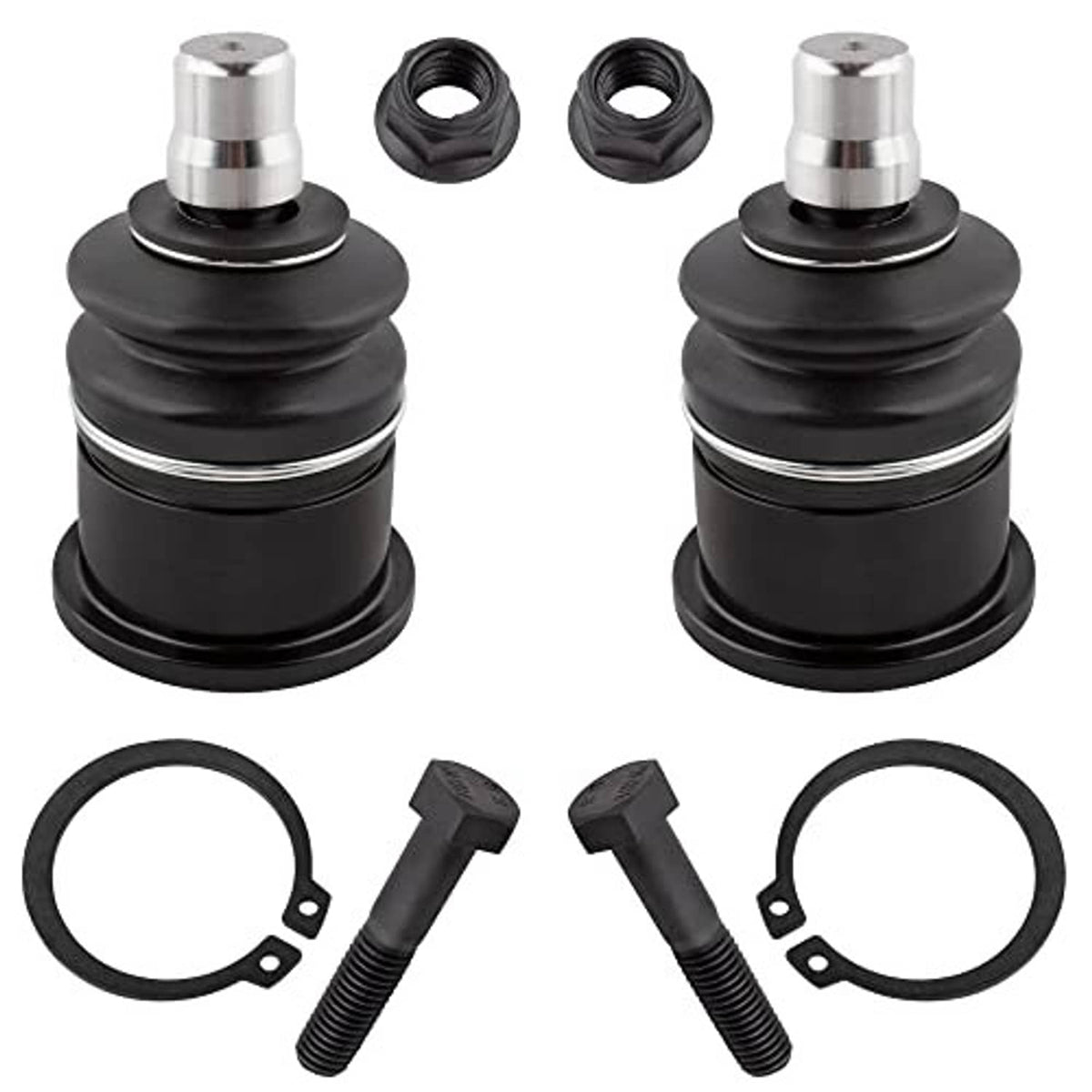 Front upper ball joint pair with black boots, silver studs, includes nuts, bolts, and rings