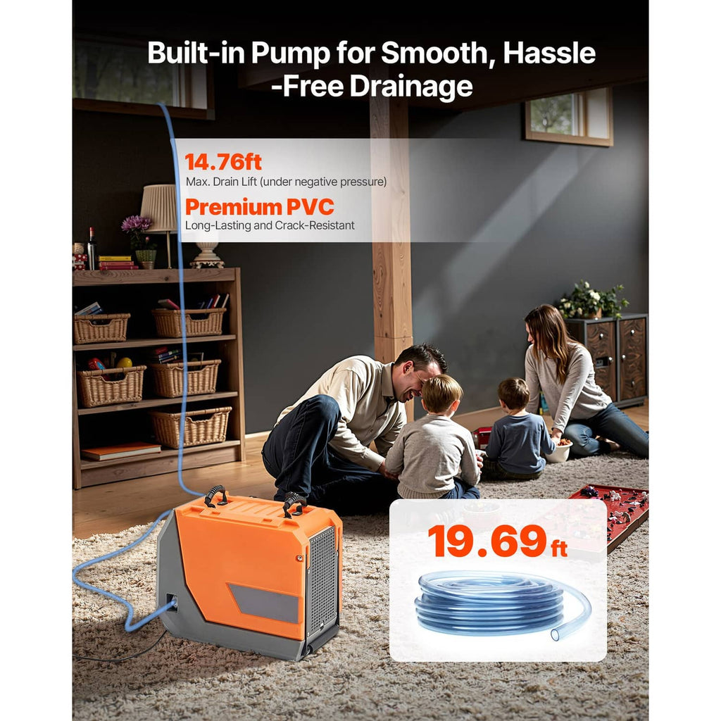 Commercial dehumidifier with built-in pump, orange unit and outlet hose