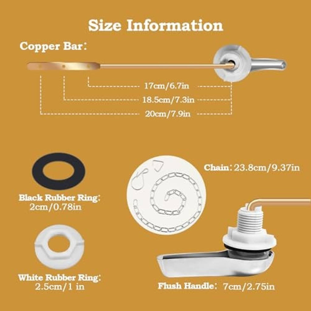 Toilet flush handle kit size diagram with copper bar, chain, and rubber rings