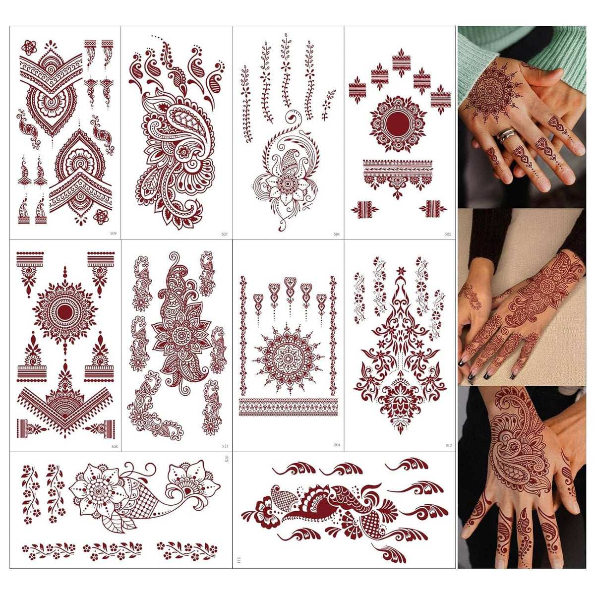 Set of brown henna temporary tattoo stencils featuring floral and ornamental patterns