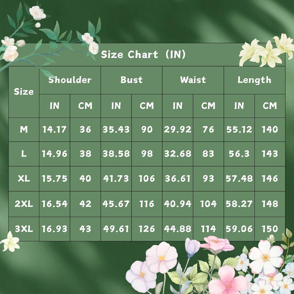 Gown size chart with shoulder, bust, waist, and length measurements in IN and CM