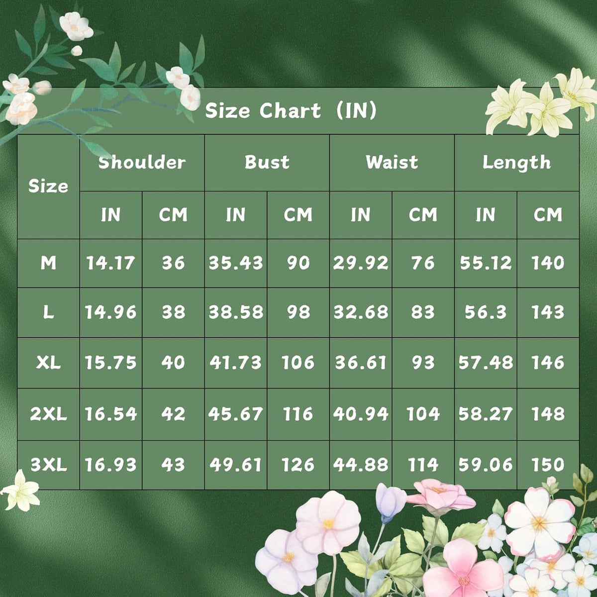 Gown size chart with shoulder, bust, waist, and length measurements in IN and CM