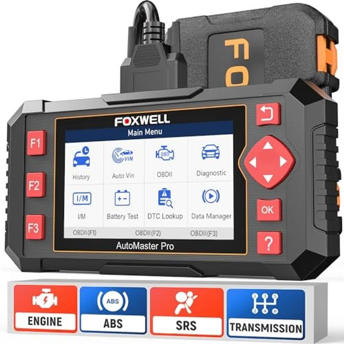Handheld OBD2 diagnostic scanner with color touchscreen, side buttons, and FOXWELL branding