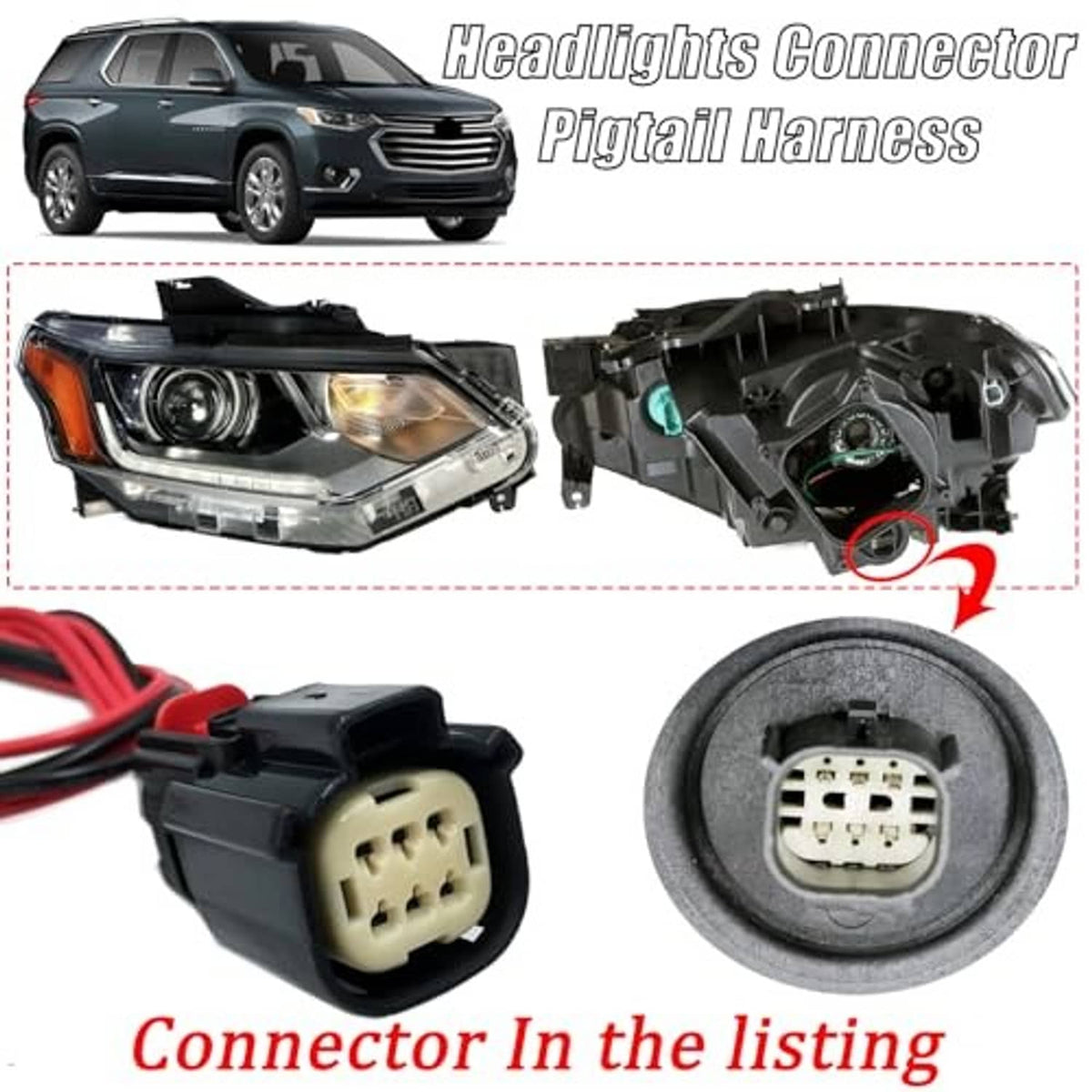 Headlight connector pigtail harness with 6-pin plug, red/black leads, and terminals
