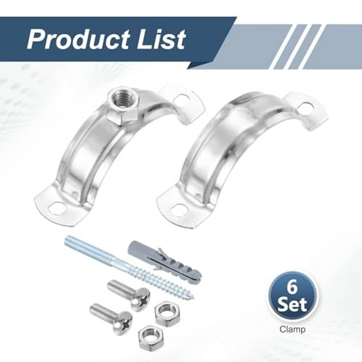 6-pack stainless pipe bracket clamps with mounting screws and nuts