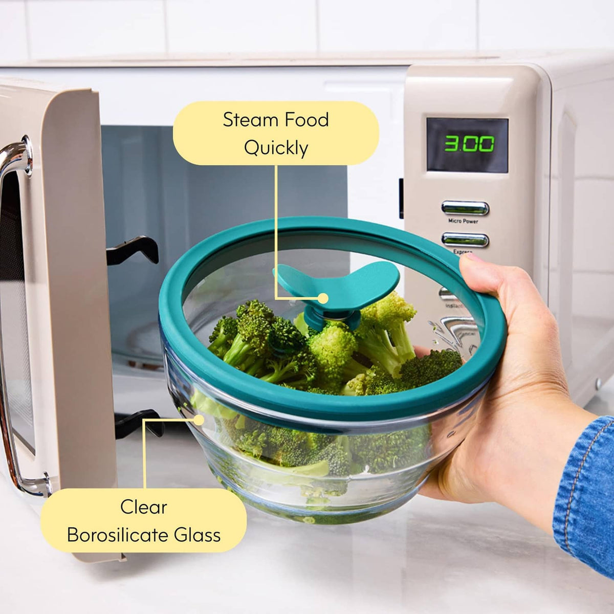 RivetOak Anyday 4-Cup Glass Food Storage with Lid, Round Medium, Clear - Kale