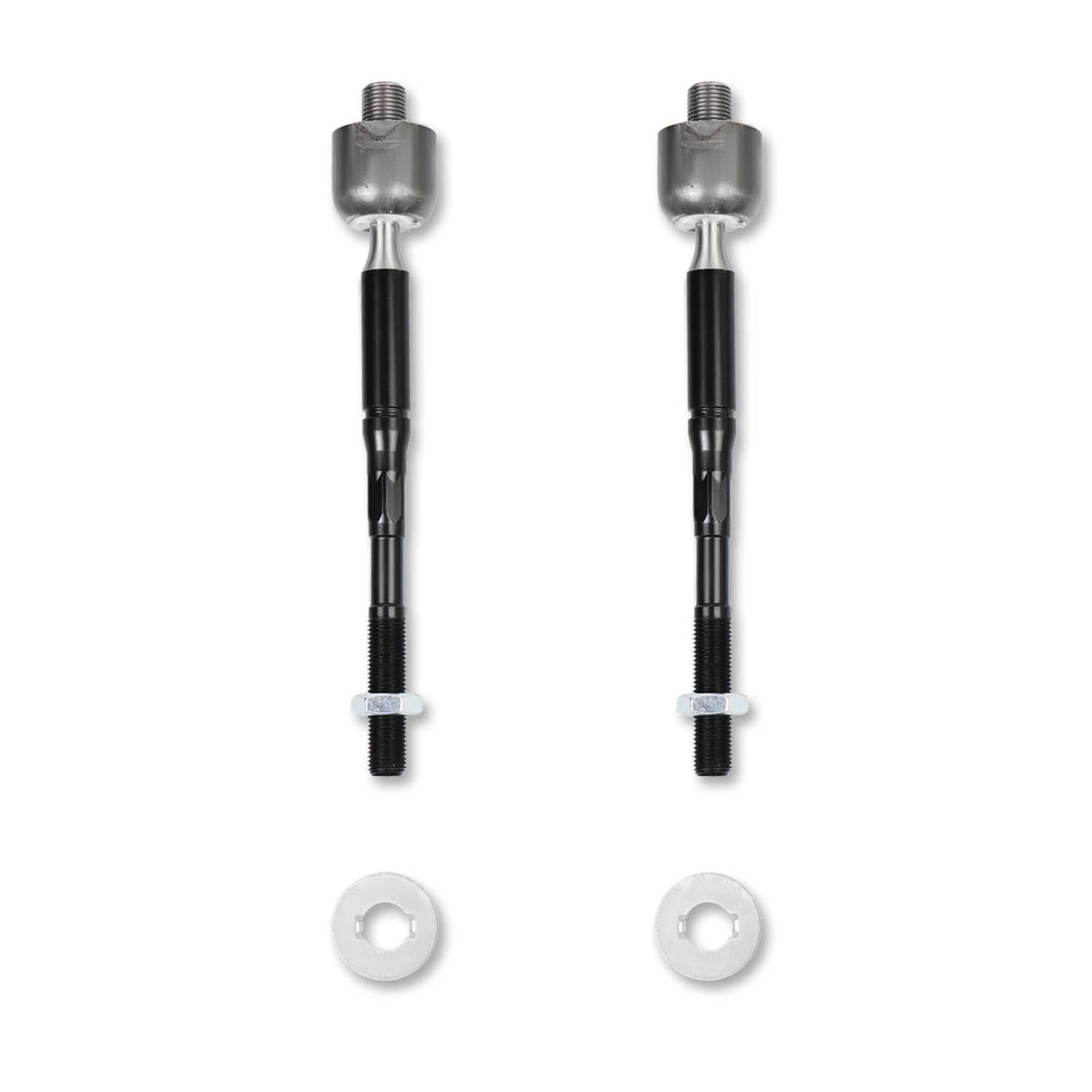 Two black tie rod links with threaded studs and included washers