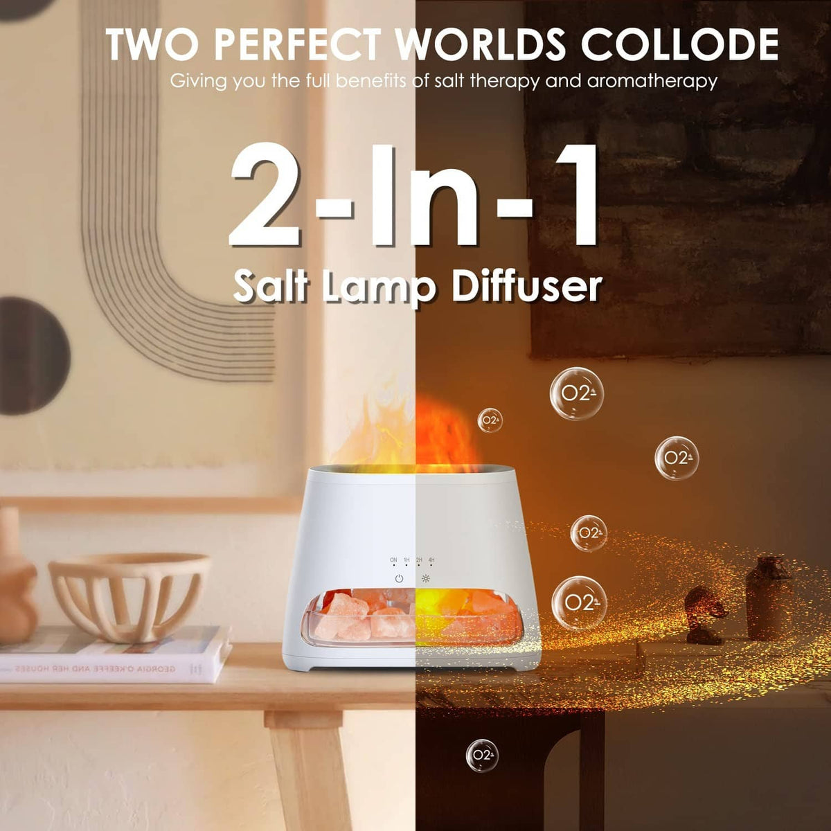 White salt lamp diffuser with glowing salt chamber on a tabletop