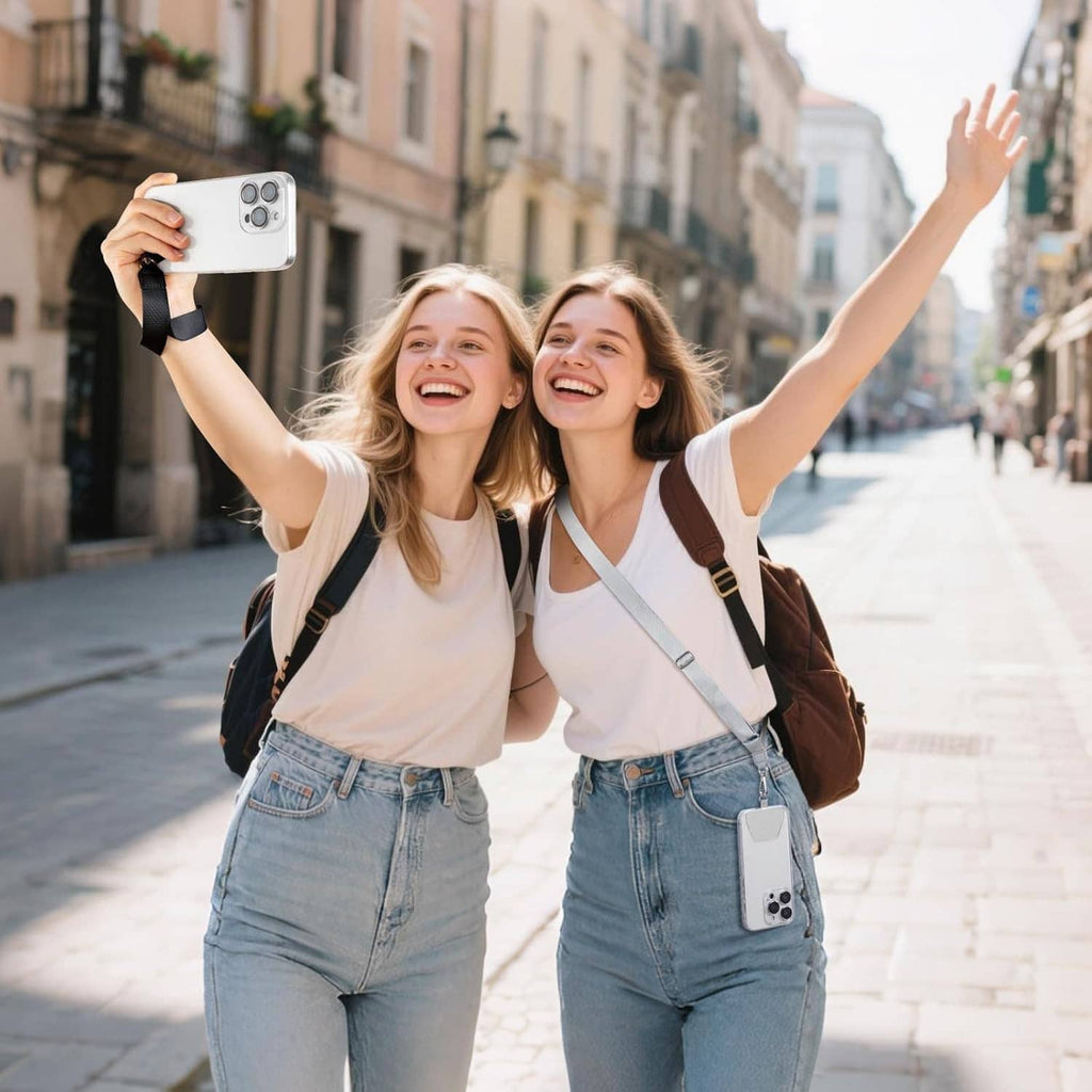 Phone lanyard crossbody straps worn by two people, holding phones with metal clips