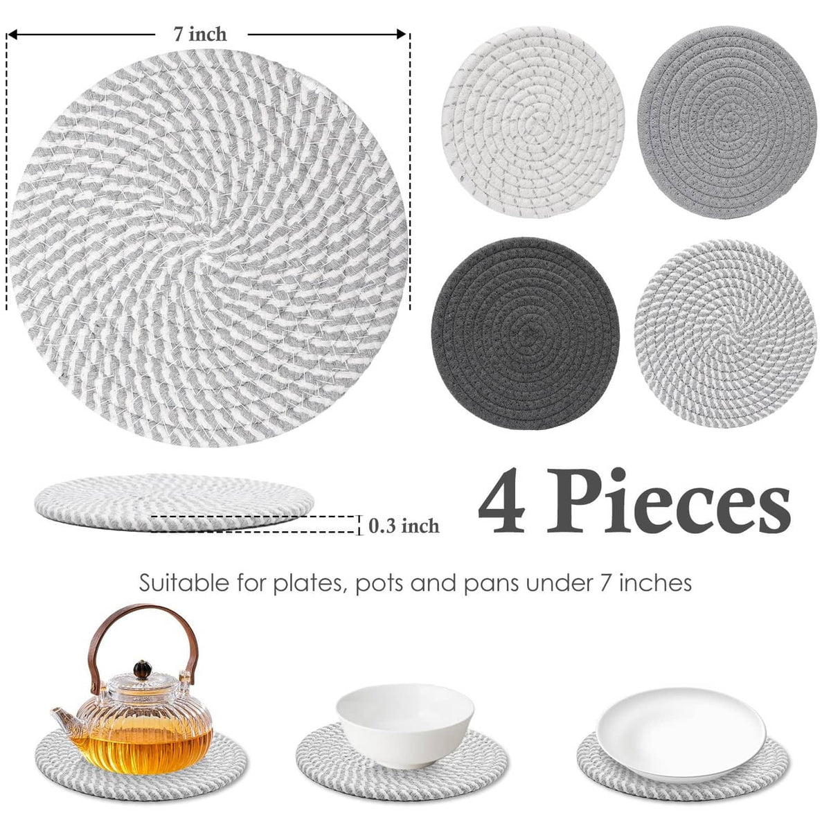 Four round woven dish trivet pads in light and dark gray, 7 inch size